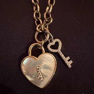 Cubic Zirconia Key and Genuine Mother of Pearl
Inlay Stone Heart Necklace